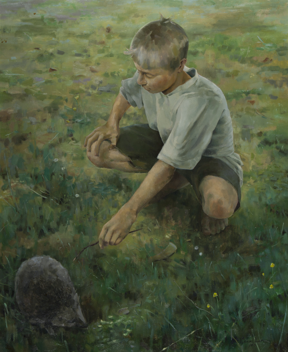 An encounter with a young boy and a hedgehog on a summer meadow. The boy is squatting to look at the hedgehog in front of him. He is barefoot and wearing summer clothes. He is holding a twig and reaching it towards the hedgehog, almost touching it.