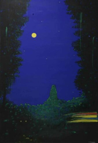Juhani Linnovaaran guassimaalaus. Pystysuuntaisessa maalauksessa on kuvattu yöllinen maisema kuunloisteessa.