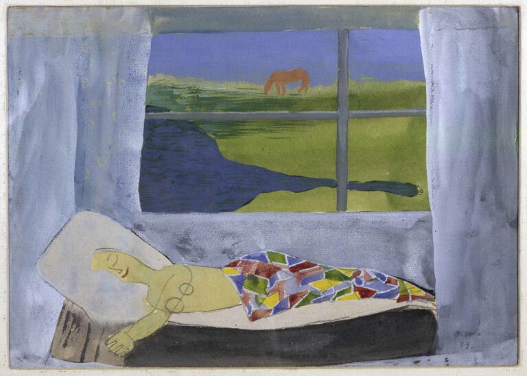 Otto Mäkilän guassimaalaus vuodelta 1939. Sinisävyisessä teoksessa henkilö nukkuu ikkunan edessä. Ikkunan takaa näkyy maisema.