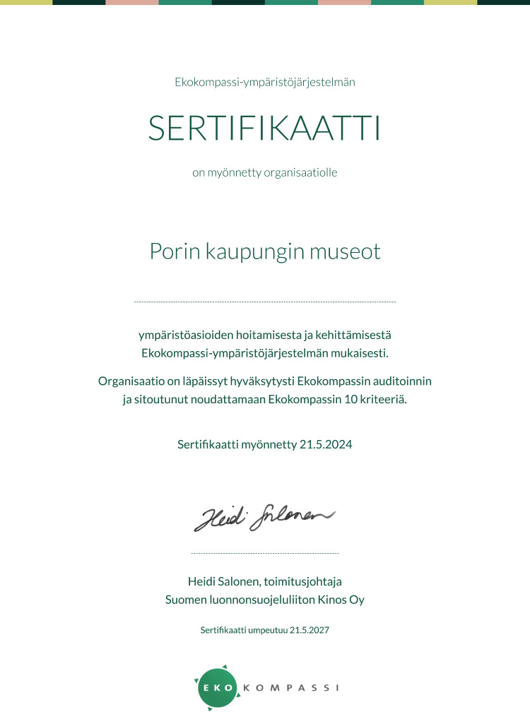 Todistus Ekokompassi-sertifikaatista, joka on myönnetty Porin kaupungin museopalveluille.