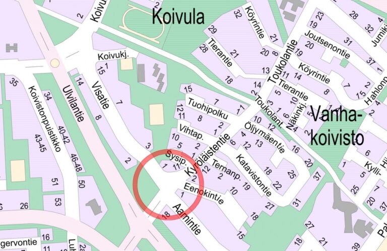 Karttapiirros tiealueesta, josta yksi risteys merkattu punaisella ympyrällä