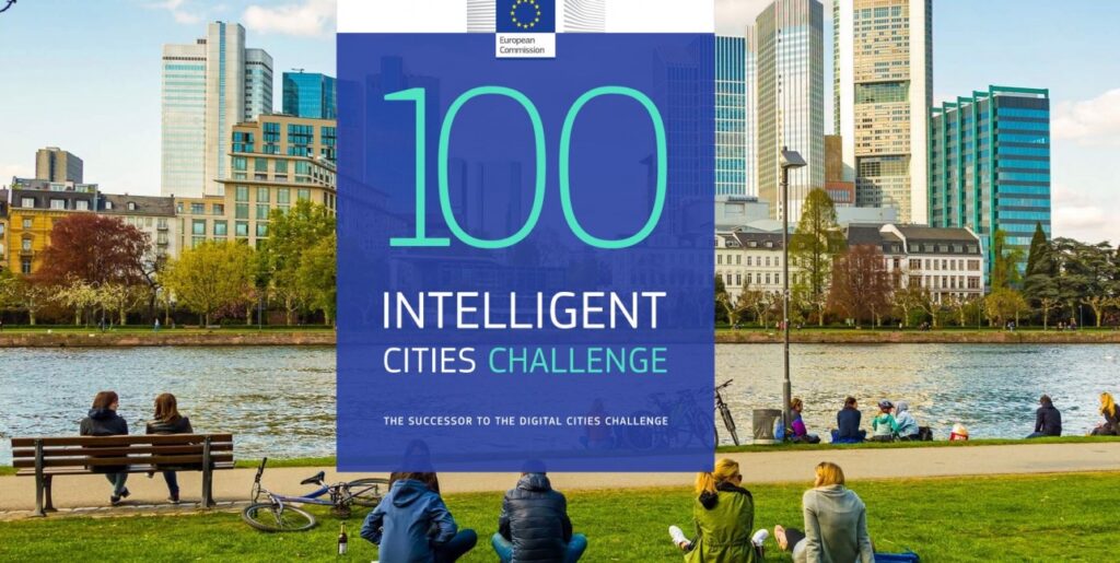 Intelligent Cities Challenge -hankkeen kuvituskuva, jossa ihmisiä kaupunkimaisemassa