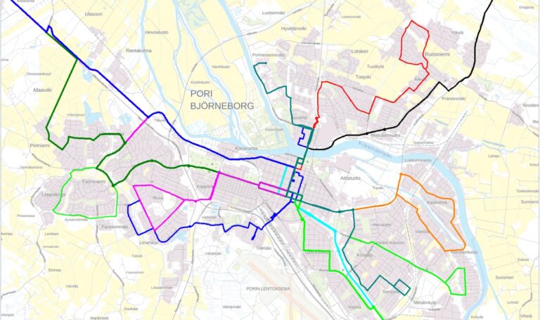 Karttakuva uusista keskusta-alueen joukkoliikenteen reiteistä