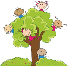 Piirros puusta jonka takaa kurkkii lapsia