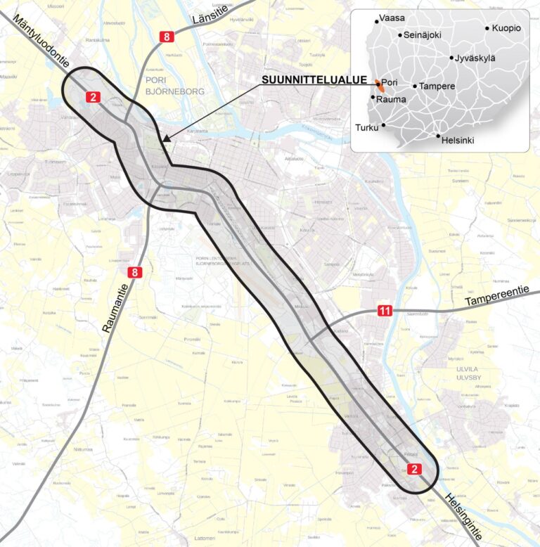 Karttakuva valtatie 2 välillä Ulvila-Pori