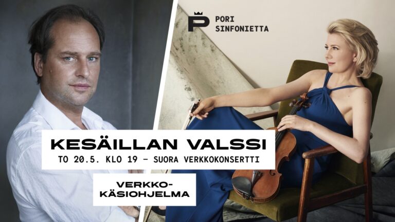 Kesäillan valssi -verkkokäsiohjelman kuvituksessa vasemmalla kapellimestari Tibor Bogányi ja oikealla viulisti Elina Vähälä.