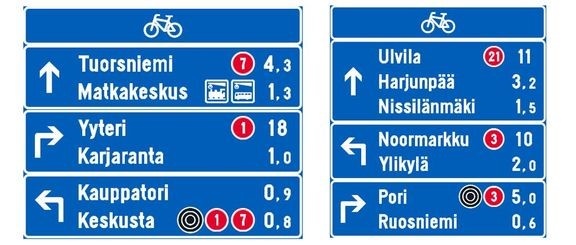 Uusien pyöräreittien esimerkkiviitat, joissa valkoista tekstiä sinisellä taustalla ja pyöräreittien liikenneohjeistuksia.
