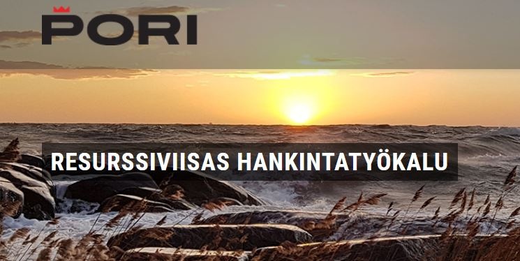 Kuvakaappaus nettisivusta, jossa ylälaidassa lukee Pori, keskellä Resurssiviisaat hankinnat, ja taustakuvana on auringonlasku merellä ja edessä rantaheinikkoa.