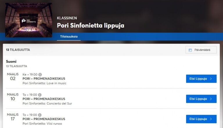 Kuvakaappaus Pori Sinfoniettan lipunmyyntisivusta Ticketmasterin verkkopalvelussa.