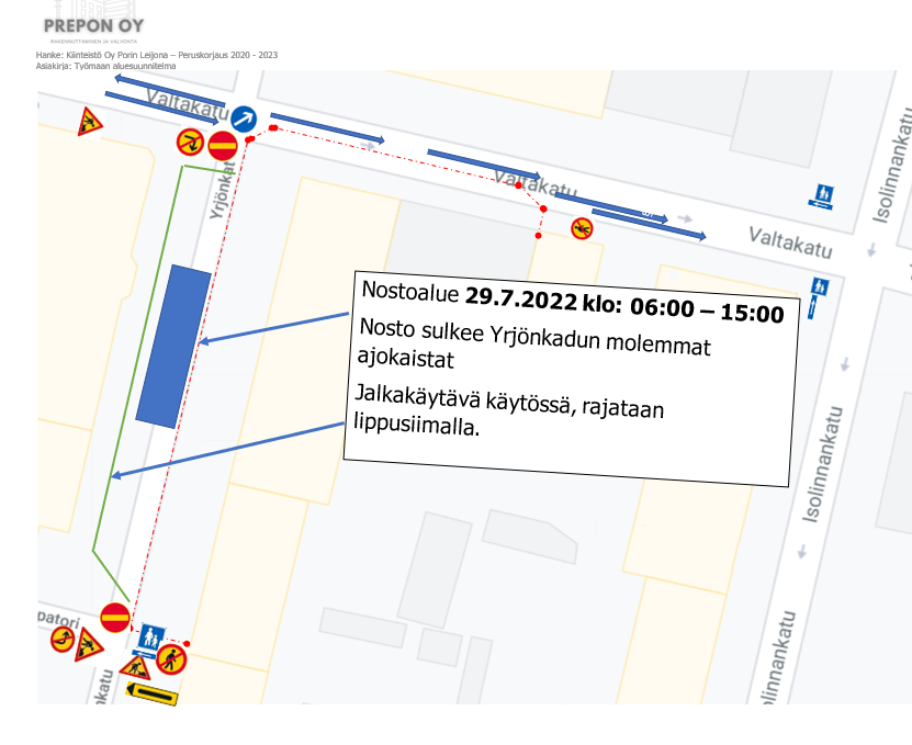 karttakuva Yrjönkadulla suljettavasta kohdasta