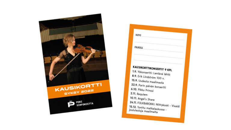 Pori Sinfoniettan syyskauden 2022 kausikortti: etupuolella viulisti Anna Hoffström ja kääntöpuolella luettelo konserteista.