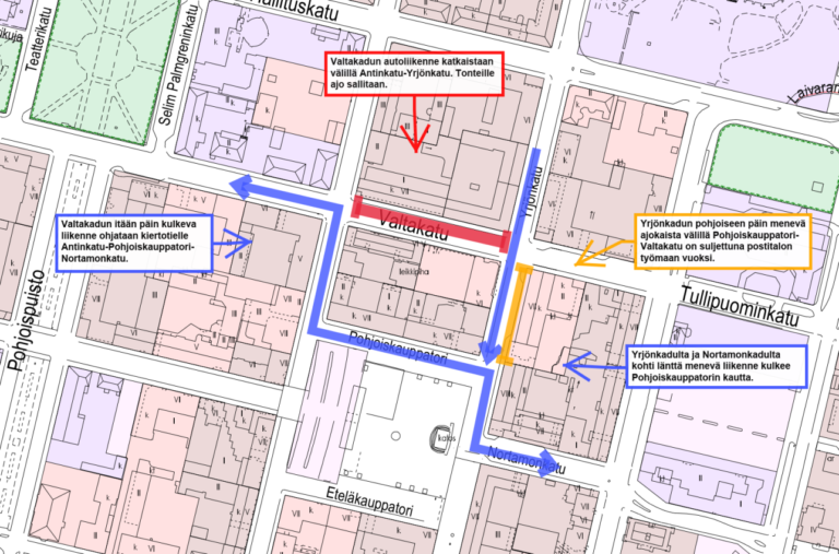 karttakuva valtakadun suljettavasta osuudesta antinkadun ja yrjönkadun välillä