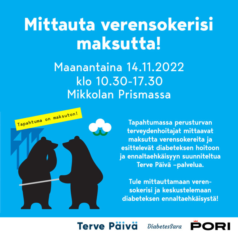 Maksutonta verensokerimittausta Mikkolan Prismassa ma 14.11. klo 10.30-17.30.