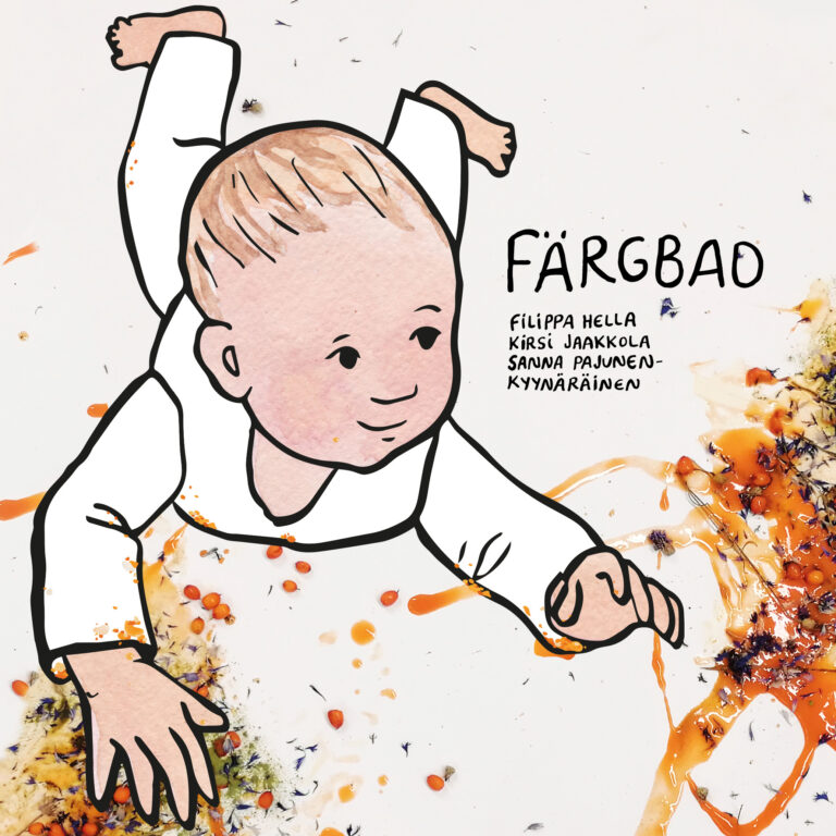Färgbad-kuvakirjan kansikuva, jossa on piirretty vauva ja Värikylpy-työpajassa tehtyä maalausta.