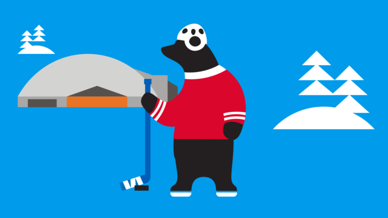 Musta graafinen karhu valkoinen jääkiekkokypärä päässä, punainen pelipaita päällä ja lätkämaila kädessä. Sininen tausta, jossa jäähalli ja lumisia puita.