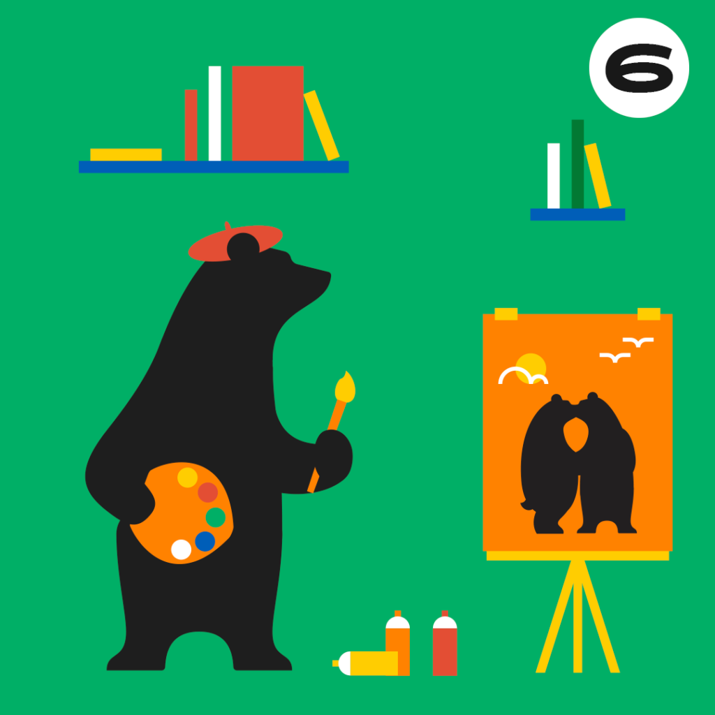 Vihreällä taustalla musta maalarikarhu punainen baskeri päässä maalaa oranssia kuvaa jossa kaksi mustaa karhua pussaa