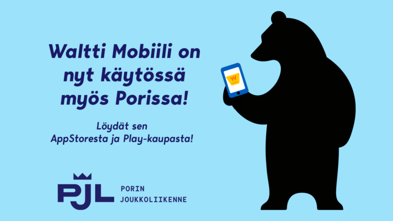 Sinertävällä taustalla musta Porikarhu puhelin kädessä ja teksti että Waltti Mobiili on nyt käytössä.