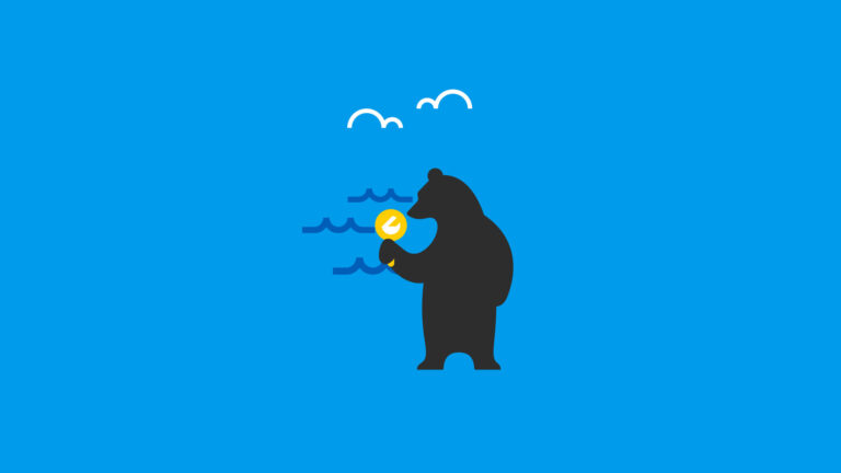 Karhu pitelee suurennuslasia sinisellä taustalla