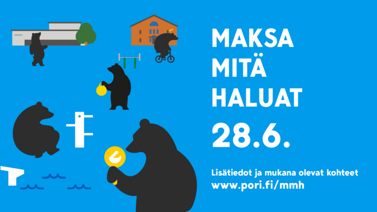 sinisellä taustalla mustia porikarhuja puuhailemassa ja teksti maksa mitä haluat 28.6.