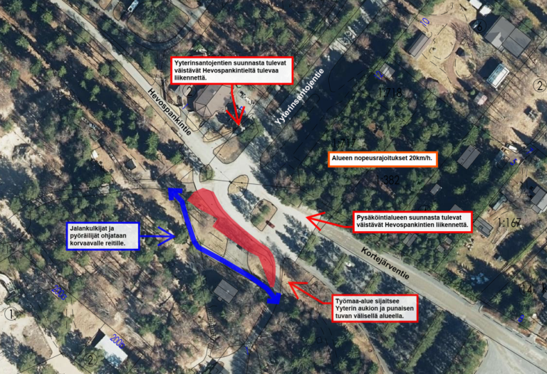 Karttakuva Yyterin aukion kaapelointityön vaikutuksista heinäkuussa 2023