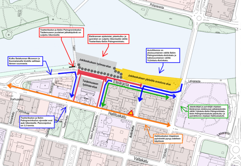 Karttakuva Jokikeskuksen 2. vaiheen rakennustöiden aikaisista liikennejärjestelyistä vappuviikosta 2024 alkaen