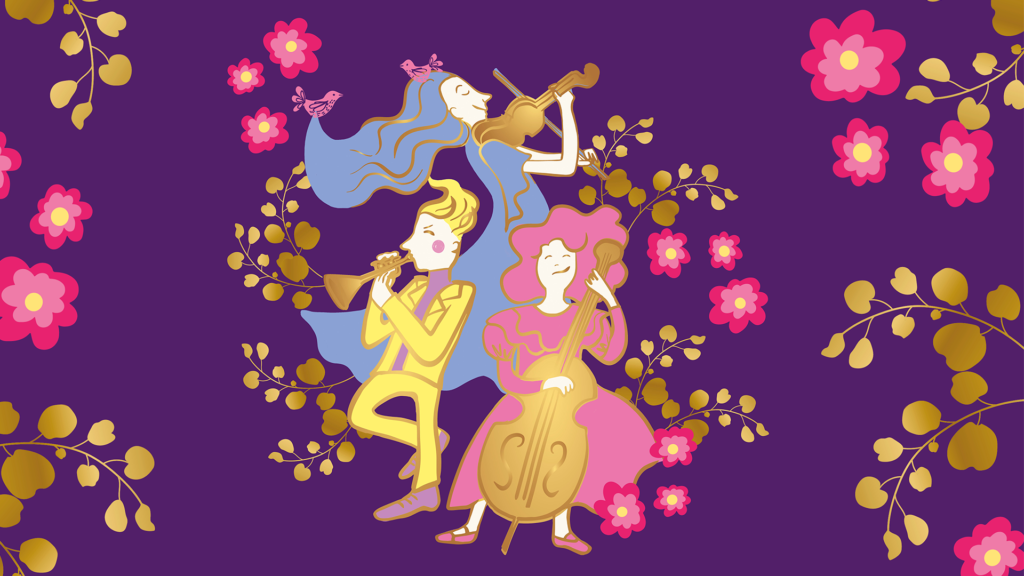 Piirretty mainoskuva gaalasta. Oikealla ja vasemmalla reunalla kukkia, tausta violetti, keskellä kolme värikästä ihmishahmoa soittamassa soittimia.