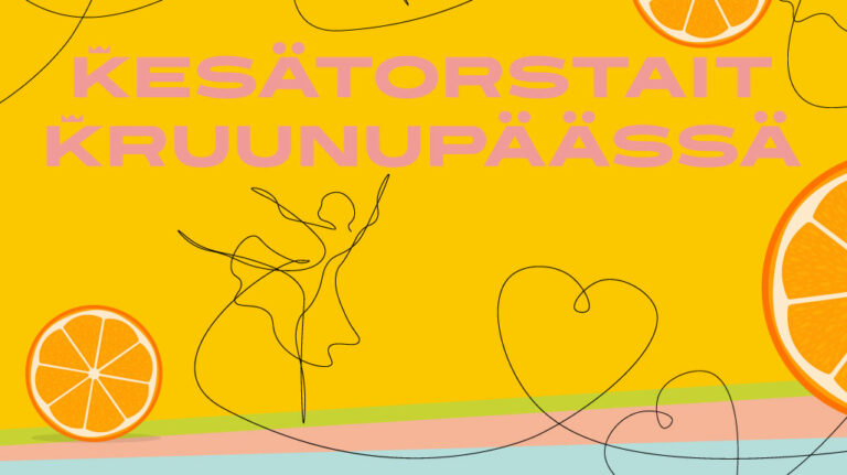 Kesätorstai-mainoskuvassa on kirkkaita värejä, piirretty tanssiva hahmo ja appelsiinilohkoja.
