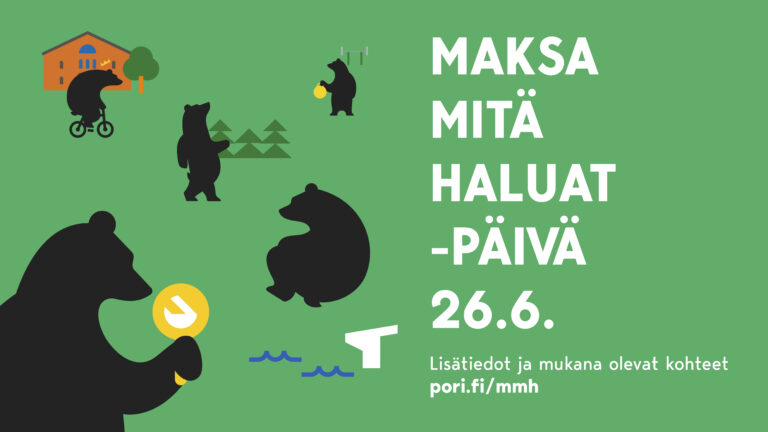Vihreällä taustalla harrastavia karhuja ja teksti Maksa mitä haluat -päivä 26.6.