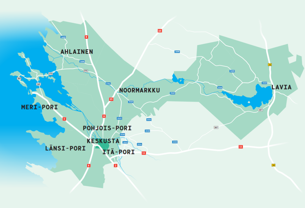 Karttakuva, jossa näkyy Porin kahdeksan palvelualuetta ja karkeasti niiden rajat.