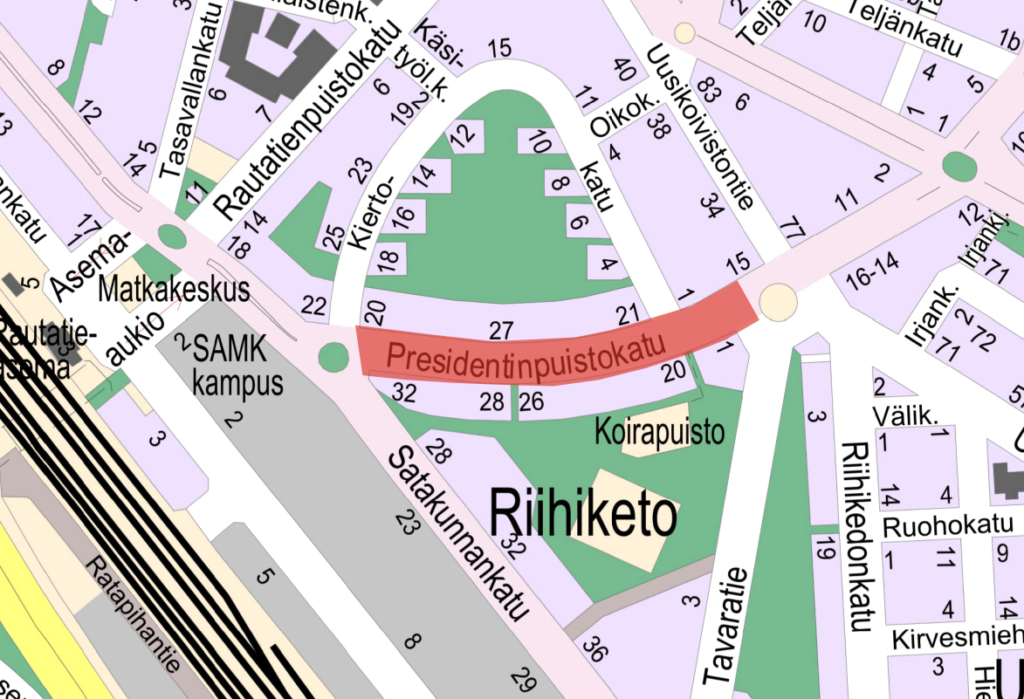 PResidentinpuistokadun työmaa-alue kartalla