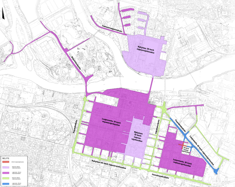 Karttakuva keskustan muuttuneista nopeusrajoituksista