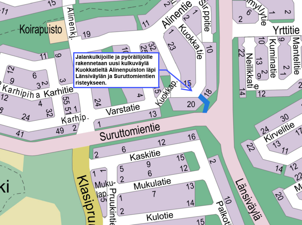 Karttakuva Alisenpuiston kevyenliikenteen kulkuväylästä