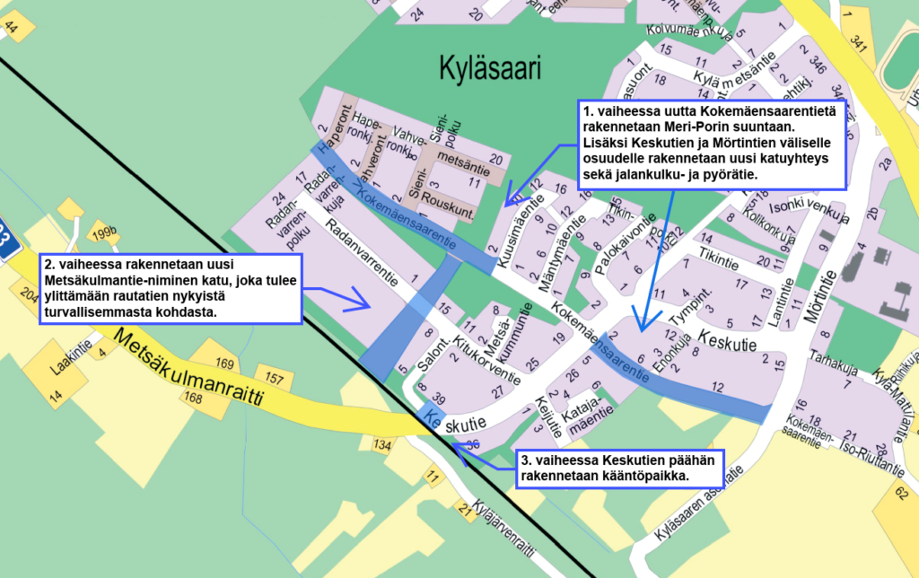 Karttakuva Kyläsaaren muuttuvista katujärjestelyistä