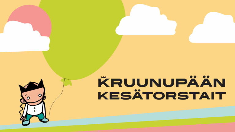 Kruunupään Kesätorstait. Kruunupäinen lapsihahmoinen logo pitää kädessään ilmapalloa, taivaalla on pilviä.