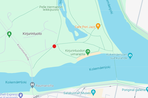 Karttakuva Kirjurinluodosta johon merkitty punaisella pallolla teltan sijainti.