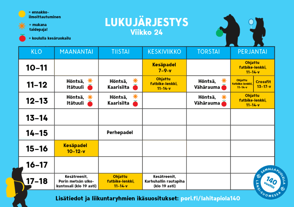 Lasten ja nuorten kesäliikunnan lukujärjestys viikko 24
