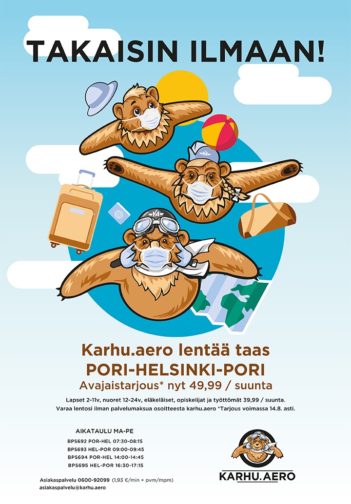 Karhu Aerolla pääsee kätevästi lentämään Porin ja Helsingin välillä.