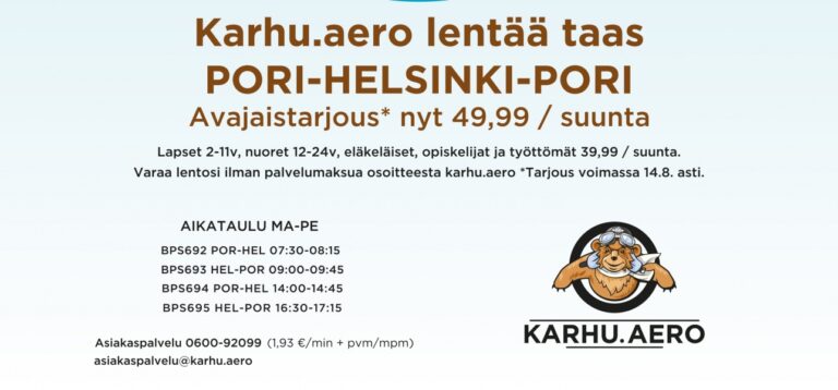 Karhu Aerolla pääsee kätevästi lentämään Porin ja Helsingin välillä.