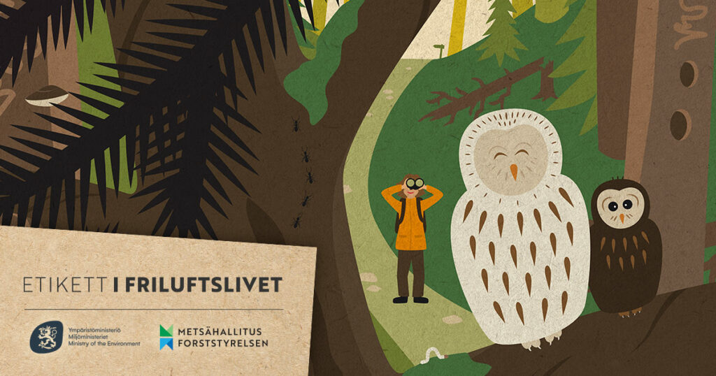 A hiker watching owls through binoculars in a forest