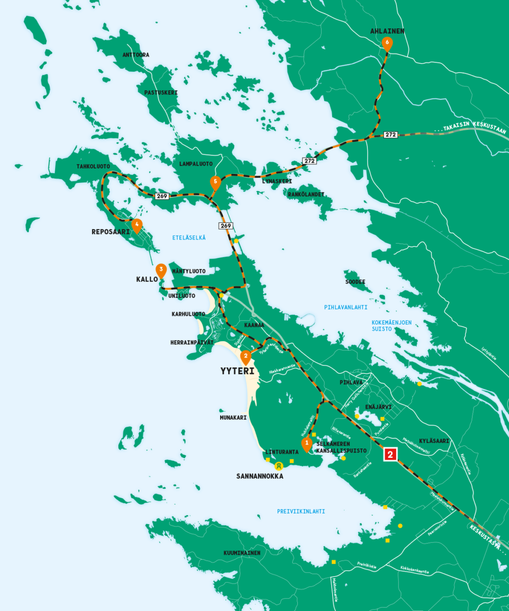 Meri-Porin karttakuva, jossa Yyterin alueen päiväretken reitti kuvattuna