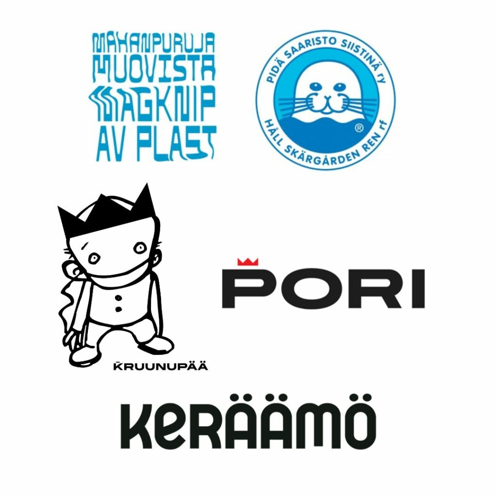 Mahanpuruja muovista -kampanjan, Pidä Saaristo Siistinä ry:n, lastenkulttuurikeskus Kruunupään, Porin kaupungin ja Keräämön logot.